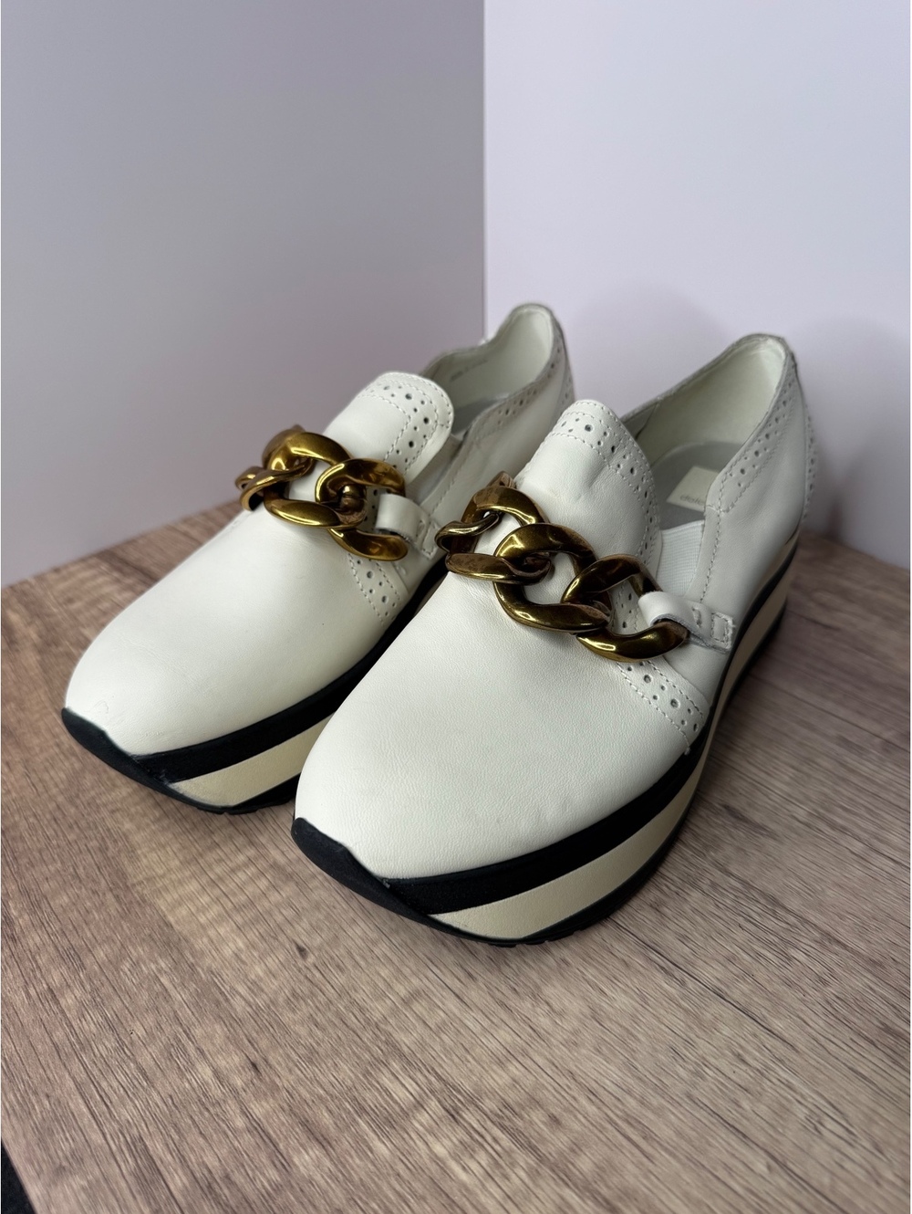 Dolce Vita Jhenee Platform Loafers Women’s 7 White Leather Gold Chain